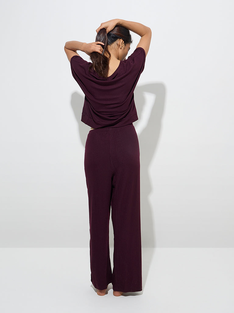 Wunderlove Plum Self Striped High-Rise Lounge Pants