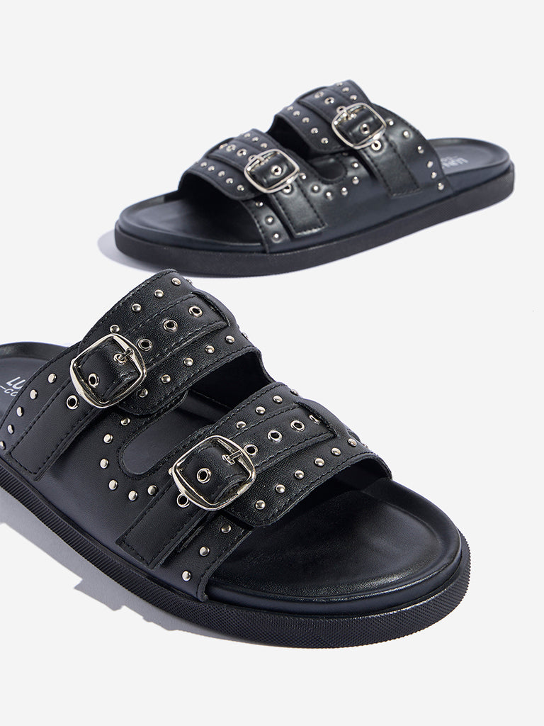 Westside LUNA BLU Women's  Black Stud Detailed Dual-Strap Comfort Sandals for Casual Wear Zoomed View