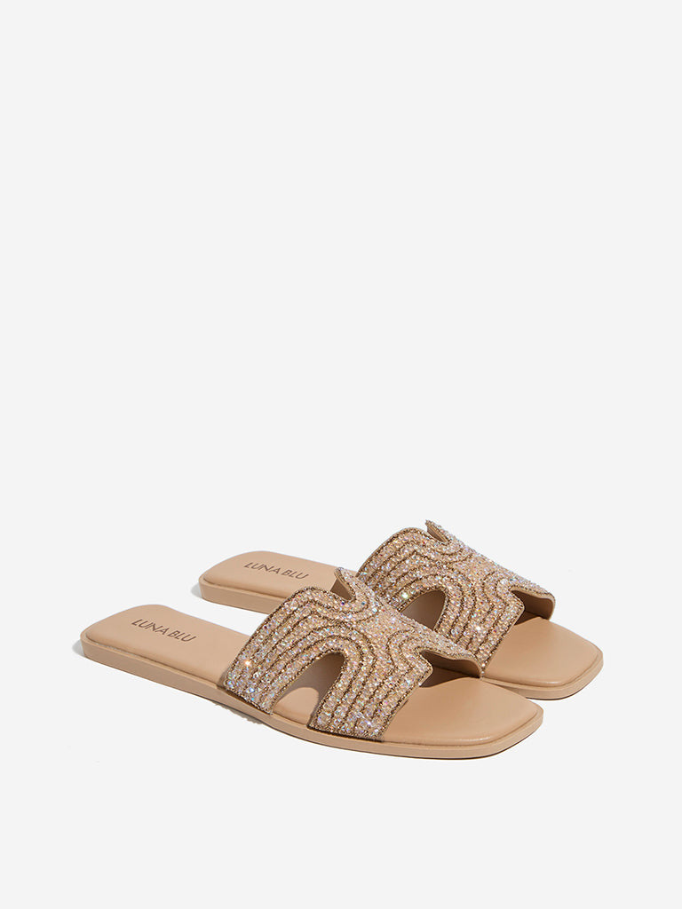 LUNA BLU Rose Gold Embellished Slides