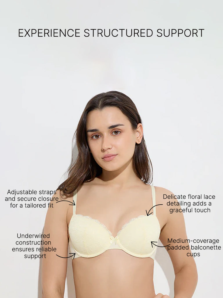 Westside Wunderlove Women's Yellow Lace-Detailed Under-Wired Bra for Casual Wear Infographic Image