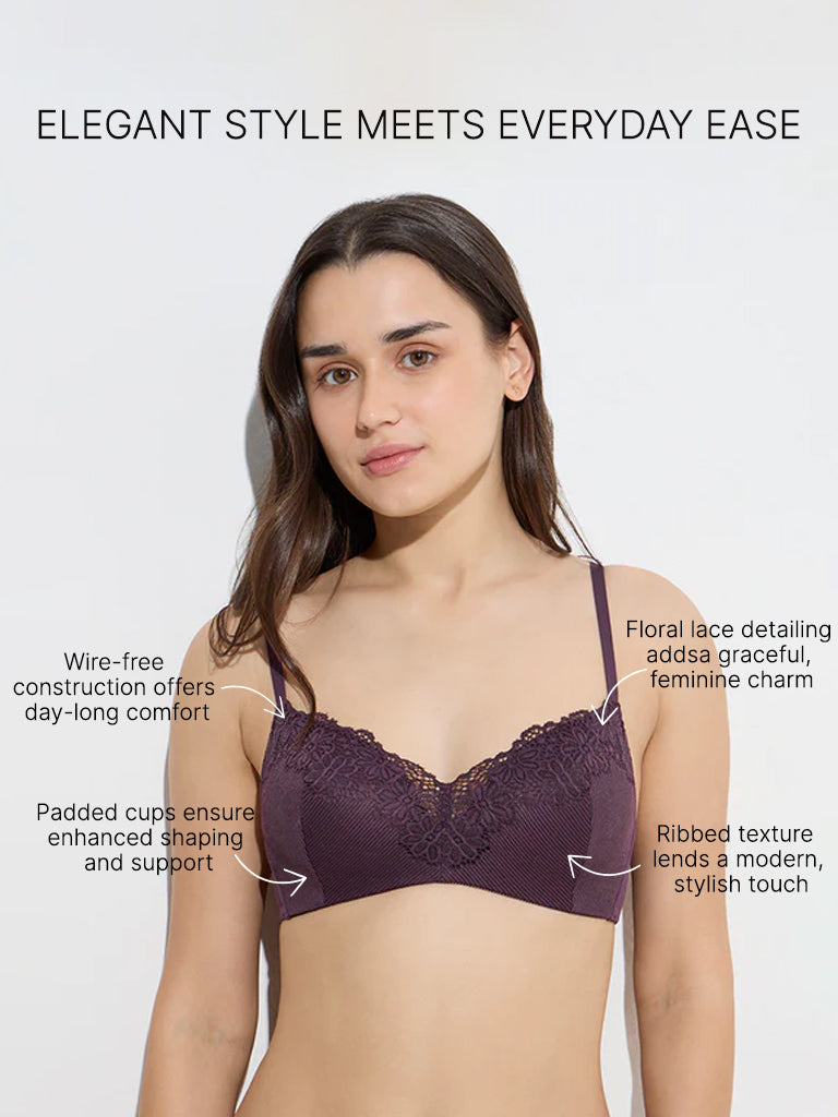 Westside Wunderlove Women's Plum Lace-Detailed Ribbed Padded Bra for Casual Wear Infographic Image
