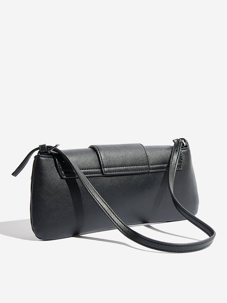 Westside Black Buckle Strap-Detailed Baguette Bag