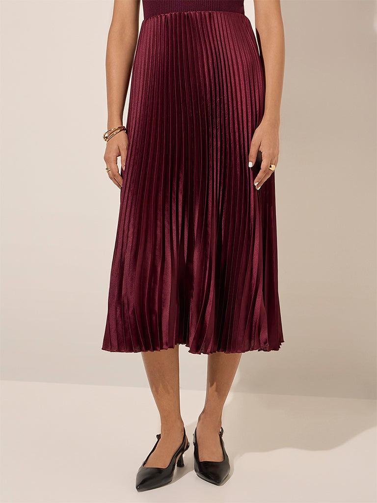 Wardrobe Burgundy Accordion Pleated High-Rise Skirt