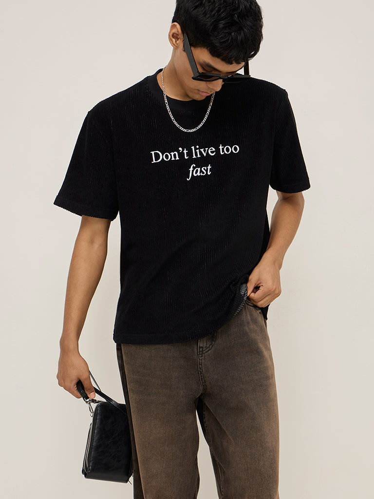 Nuon Black Text Design Ribbed Relaxed-Fit Cotton-Blend T-Shirt
