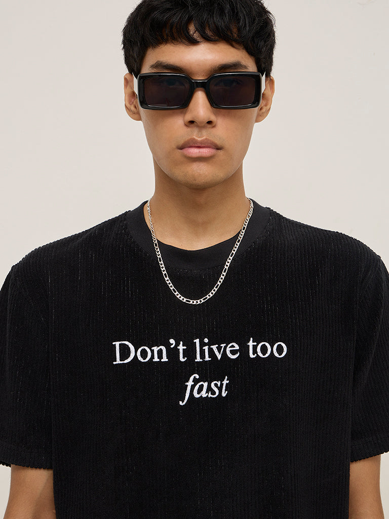 Nuon Black Text Design Ribbed Relaxed-Fit Cotton-Blend T-Shirt