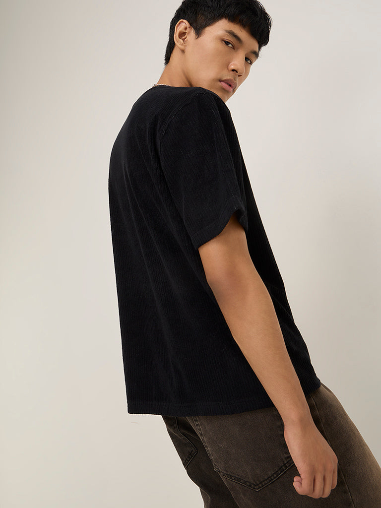 Nuon Black Text Design Ribbed Relaxed-Fit Cotton-Blend T-Shirt