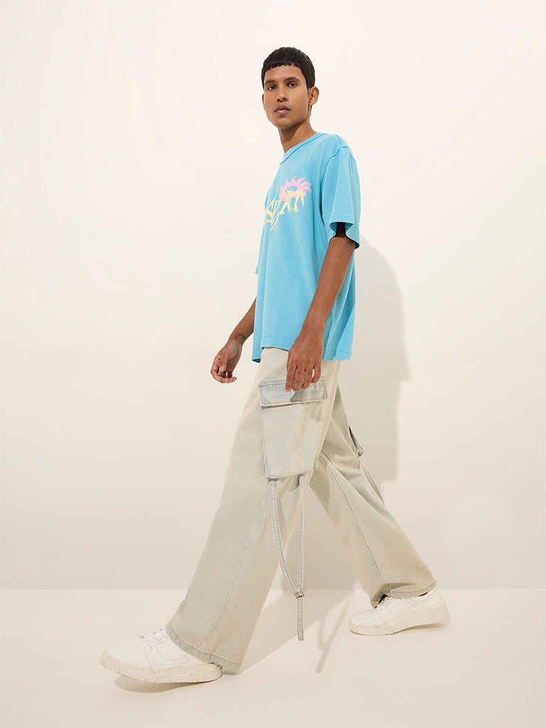 Nuon Aqua Text Patterned Relaxed-Fit Cotton T-Shirt