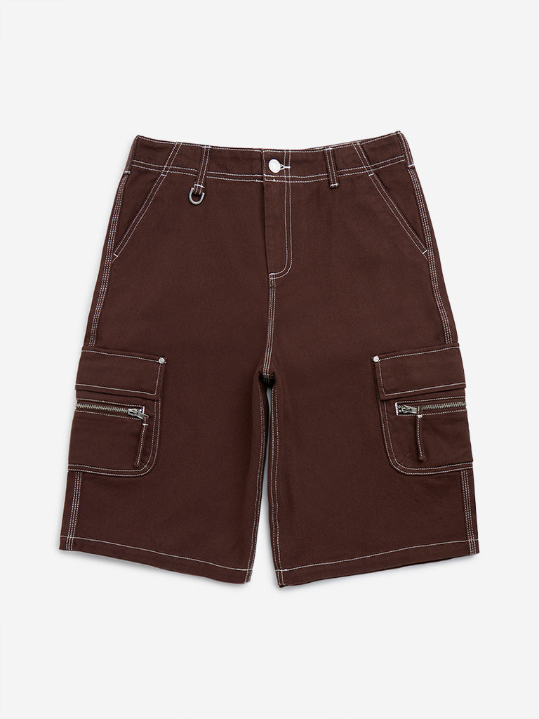 Westside Y&F Boy's Brown Mid-Rise Denim Shorts for Casual Wear Front View