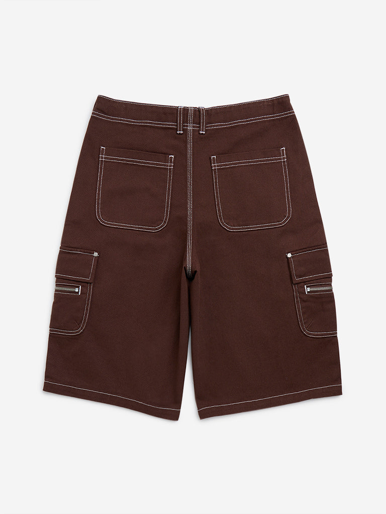 Westside Y&F Boy's Brown Mid-Rise Denim Shorts for Casual Wear Back View