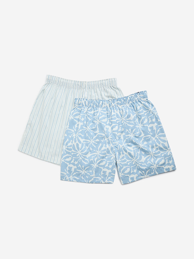 WES Lounge Light Blue Relaxed-Fit Cotton Boxers- Pack of 2