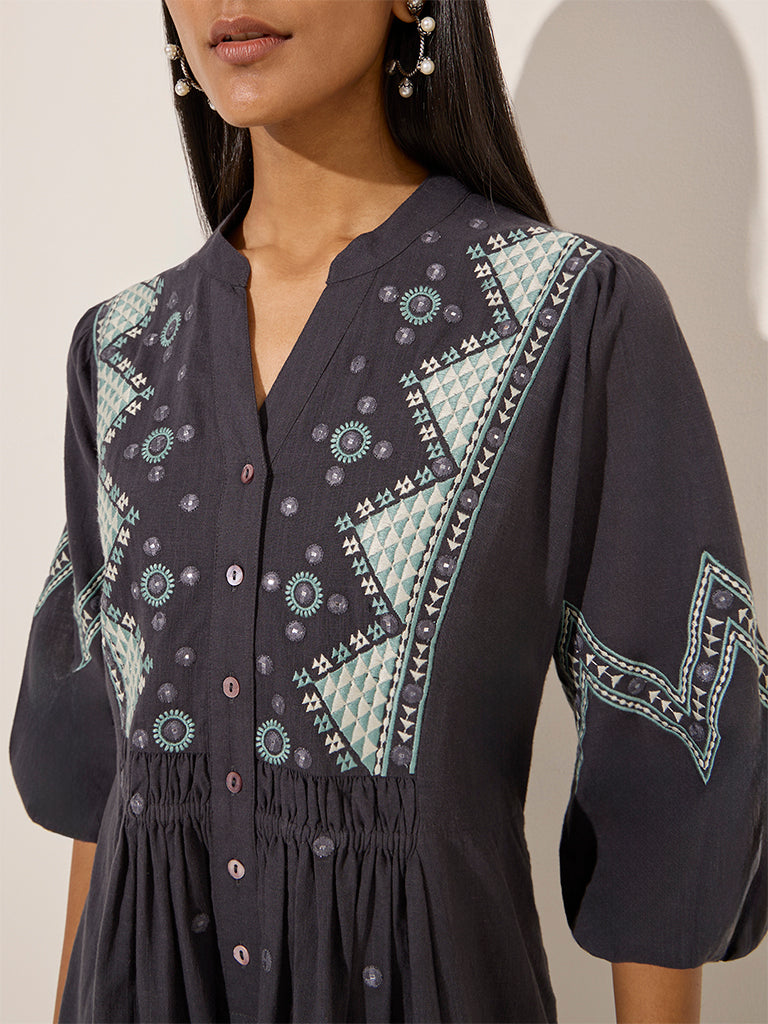Utsa Charcoal Boho-Themed Cotton A-Line Dress