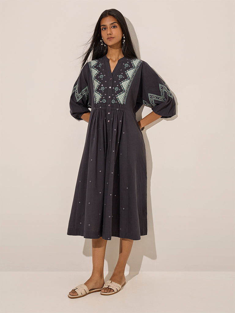 Utsa Charcoal Boho-Themed Cotton A-Line Dress