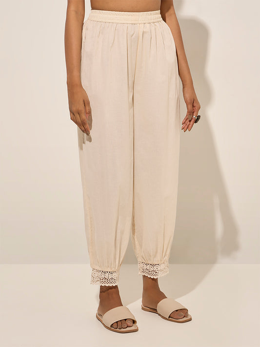 Westside Utsa Women's Light Beige Crochet-Detailed Harem-Style Ethnic Pants for Everyday Front View