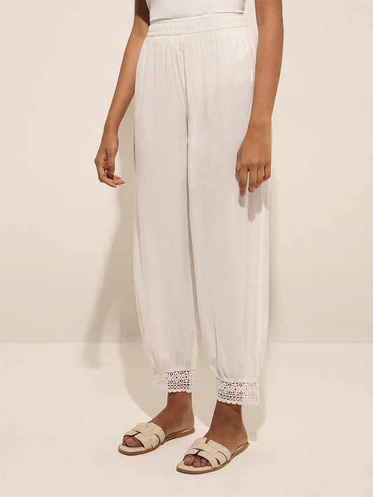Westside Utsa Women's White Crochet-Detailed Harem-Style Cotton Pants for Everyday Front View