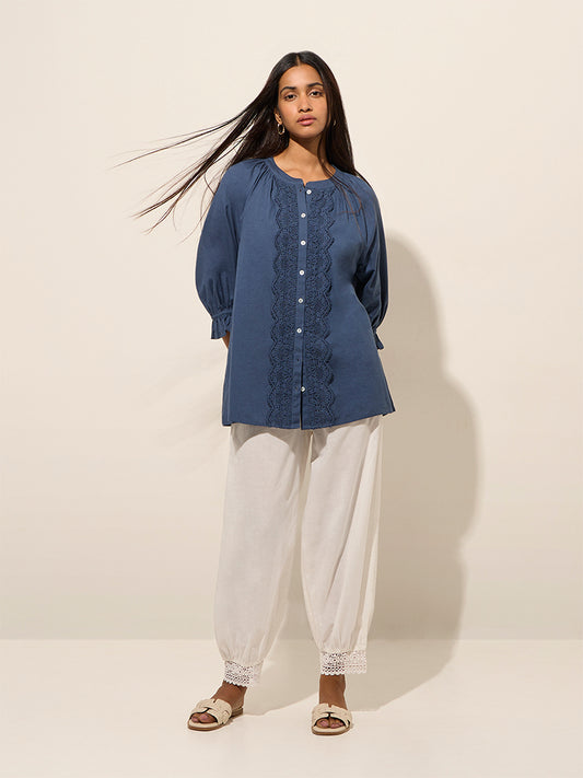 Westside Utsa Women's White Crochet-Detailed Harem-Style Cotton Pants for Everyday Full View