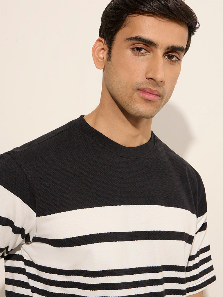 WES Lounge Black Striped Relaxed-Fit Cotton-Blend T-Shirt