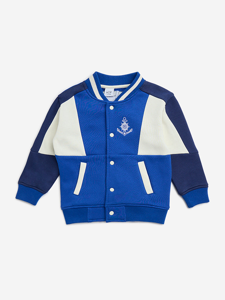 Westside HOP Kids Blue Text Design Cotton-Blend Varsity Jacket for Casual Wear Front View