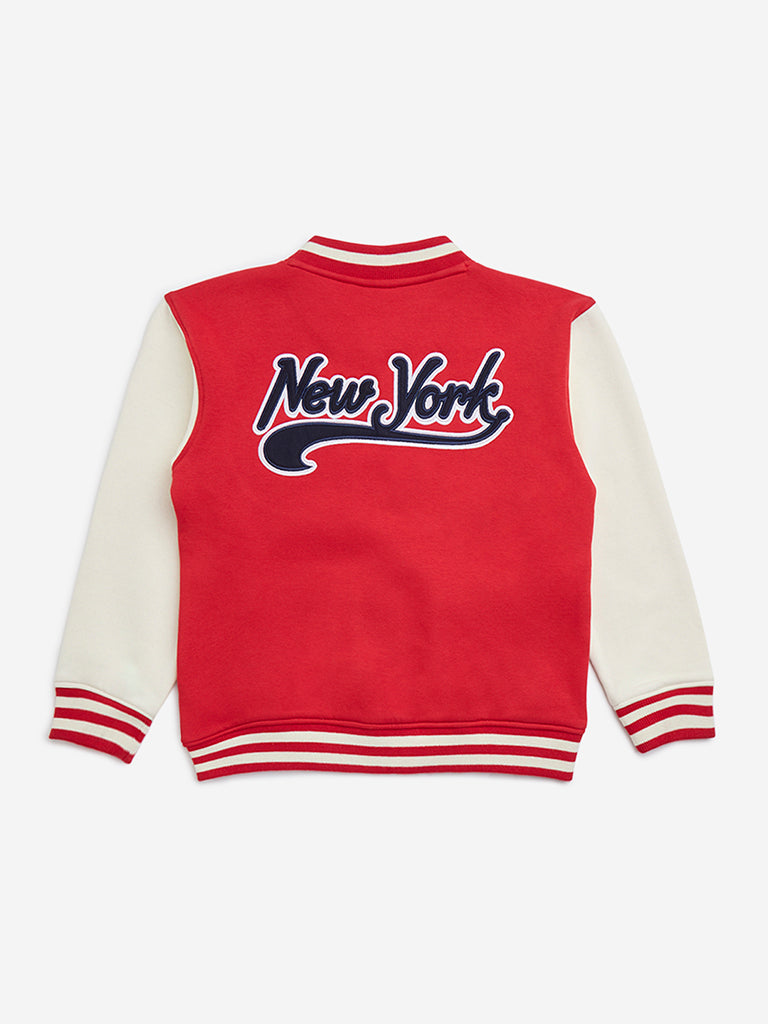 HOP Kids Boys Red Text Design Cotton-Blend Varsity Jacket