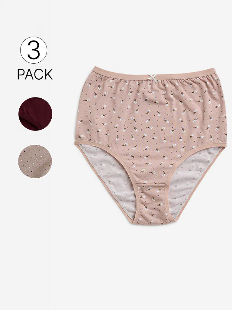 Wunderlove Light Taupe Cotton-Blend Full Briefs - Pack of 3