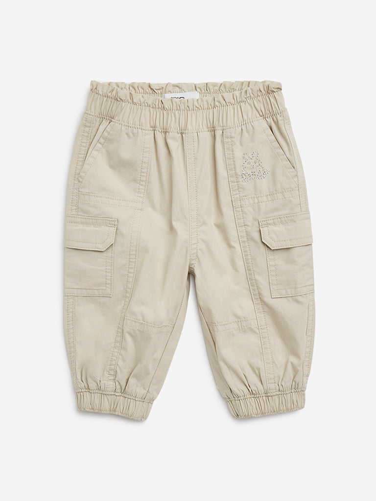 Westside HOP Baby Boy's Beige Cargo-Style Mid-Rise Cotton Joggers for Casual Wear Front View