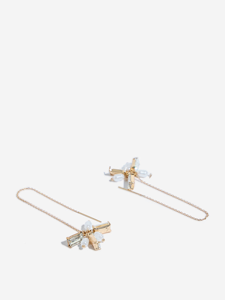 Westside Accessories Gold Pearl and Crystal Chain Earrings