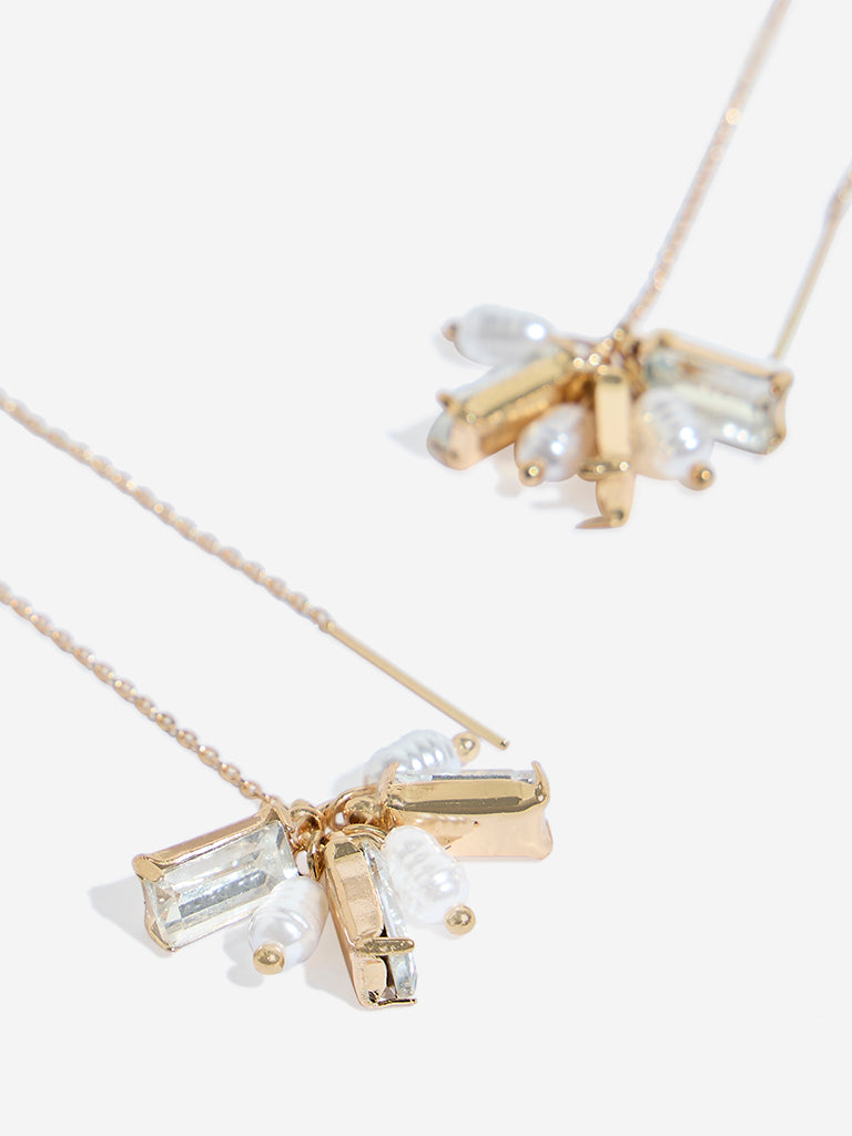 Westside Accessories Gold Pearl and Crystal Chain Earrings
