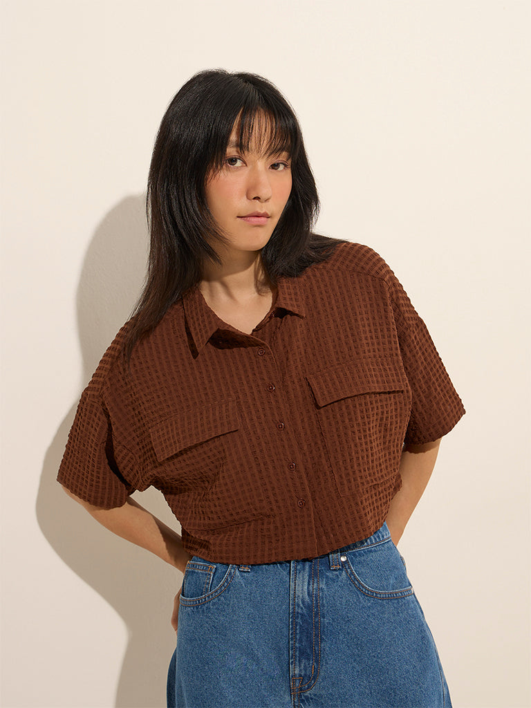 Westside Nuon Women's Brown Waffle-Textured Crop Shirt for Casual Wear Front View