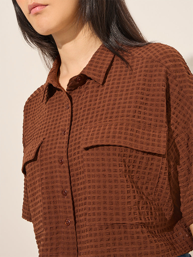 Westside Nuon Women's Brown Waffle-Textured Crop Shirt for Casual Wear Zoomed View