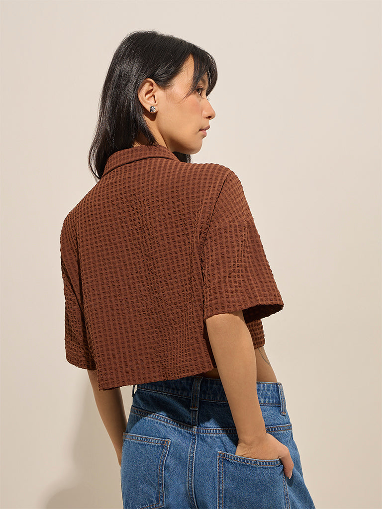 Westside Nuon Women's Brown Waffle-Textured Crop Shirt for Casual Wear Back View