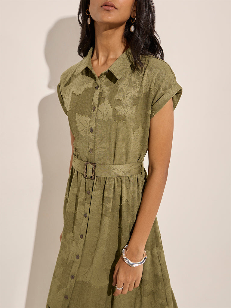 LOV Olive Tiered Shirt Dress with Belt