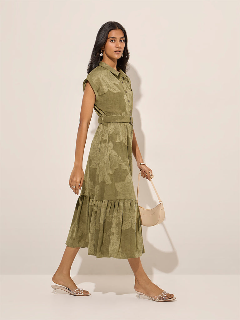LOV Olive Tiered Shirt Dress with Belt