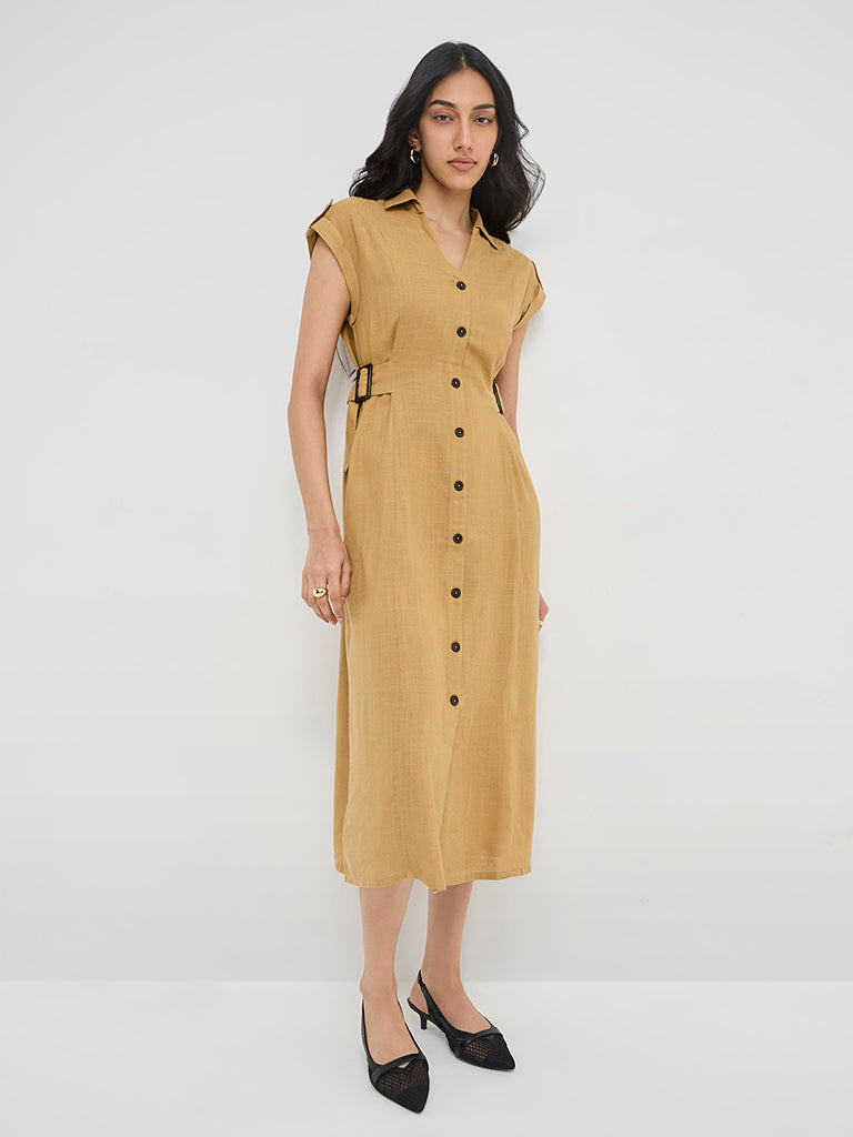 LOV Mustard Solid Linen-Blend Shirt Dress - Main Image
