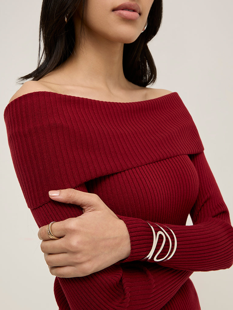 LOV Burgundy Ribbed Off-Shoulder Top