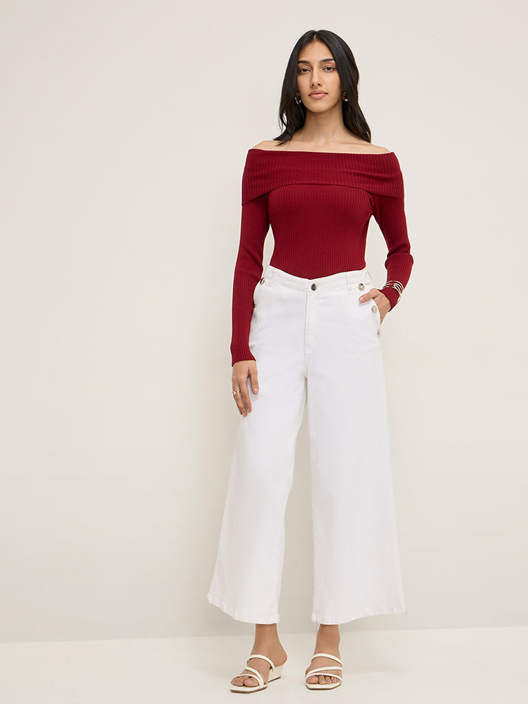 LOV Burgundy Ribbed Off-Shoulder Top