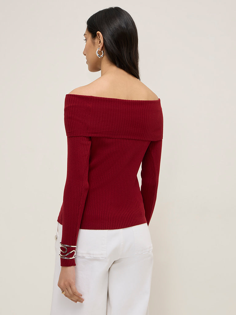 LOV Burgundy Ribbed Off-Shoulder Top