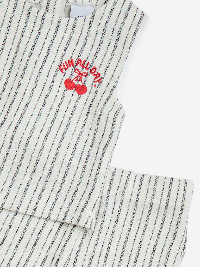 HOP Kids Off-White Striped Cotton-Blend Top with Pants Set
