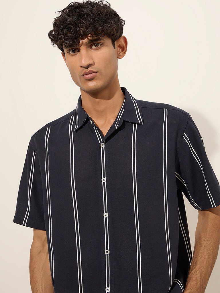 Westside Ascot Men's Navy Blue Striped Relaxed-Fit Shirt for Casual Wear Zoomed View