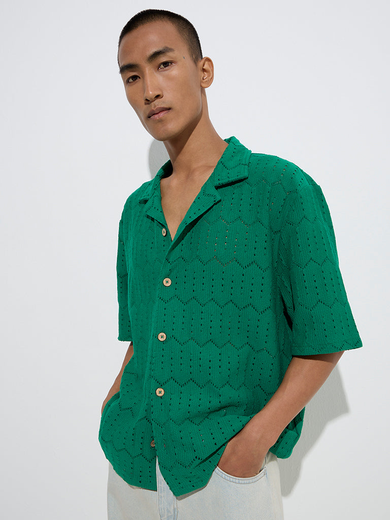Nuon Green Knit-Textured Relaxed-Fit Cotton-Blend Shirt