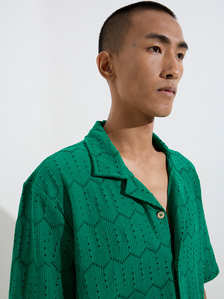 Nuon Green Knit-Textured Relaxed-Fit Cotton-Blend Shirt