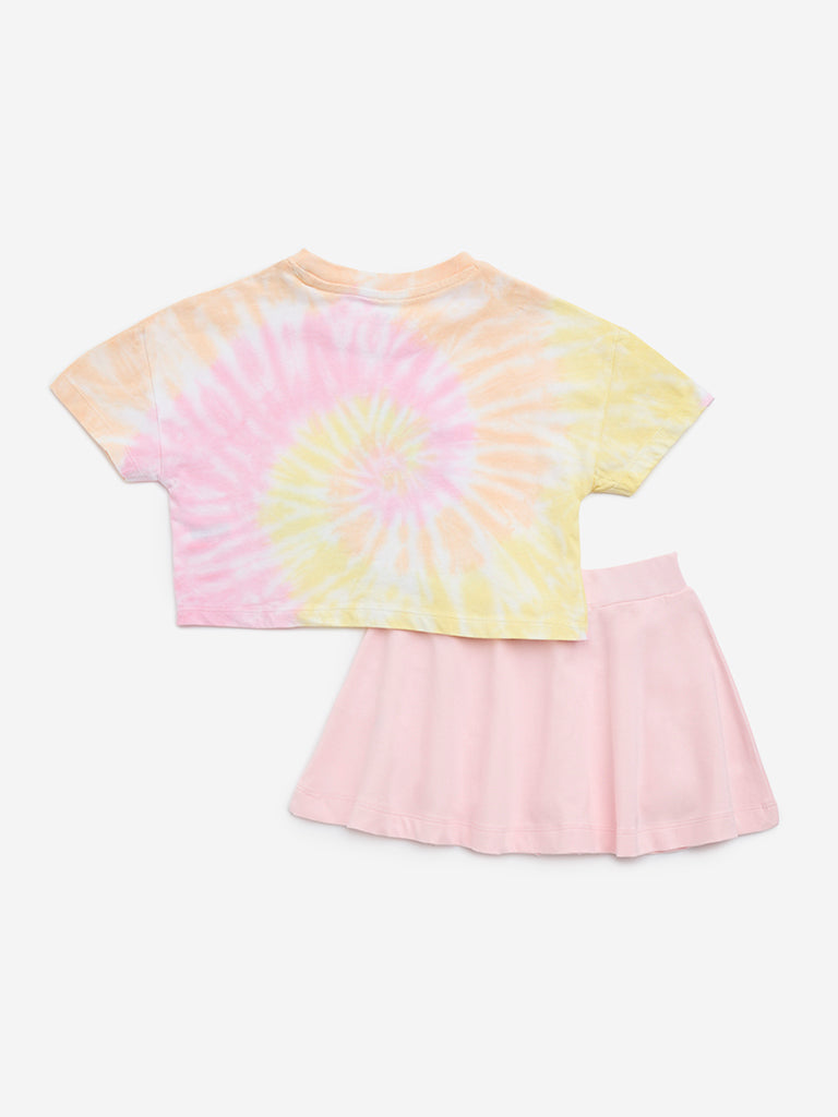 HOP Kids Pink Tie-Dye Design Cotton T-Shirt with Skirt Set