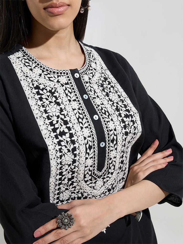 Utsa Black Floral Embroidered A-Line Cotton-Blend Kurta