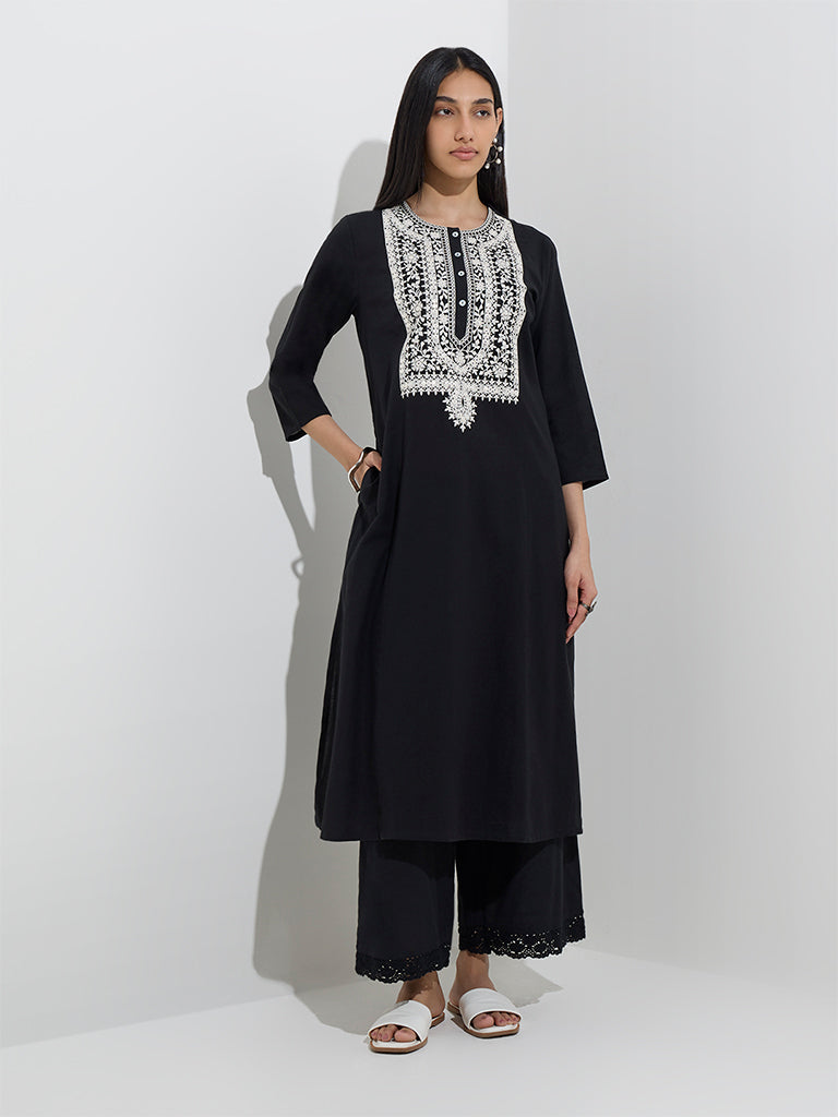 Utsa Black Floral Embroidered A-Line Cotton-Blend Kurta