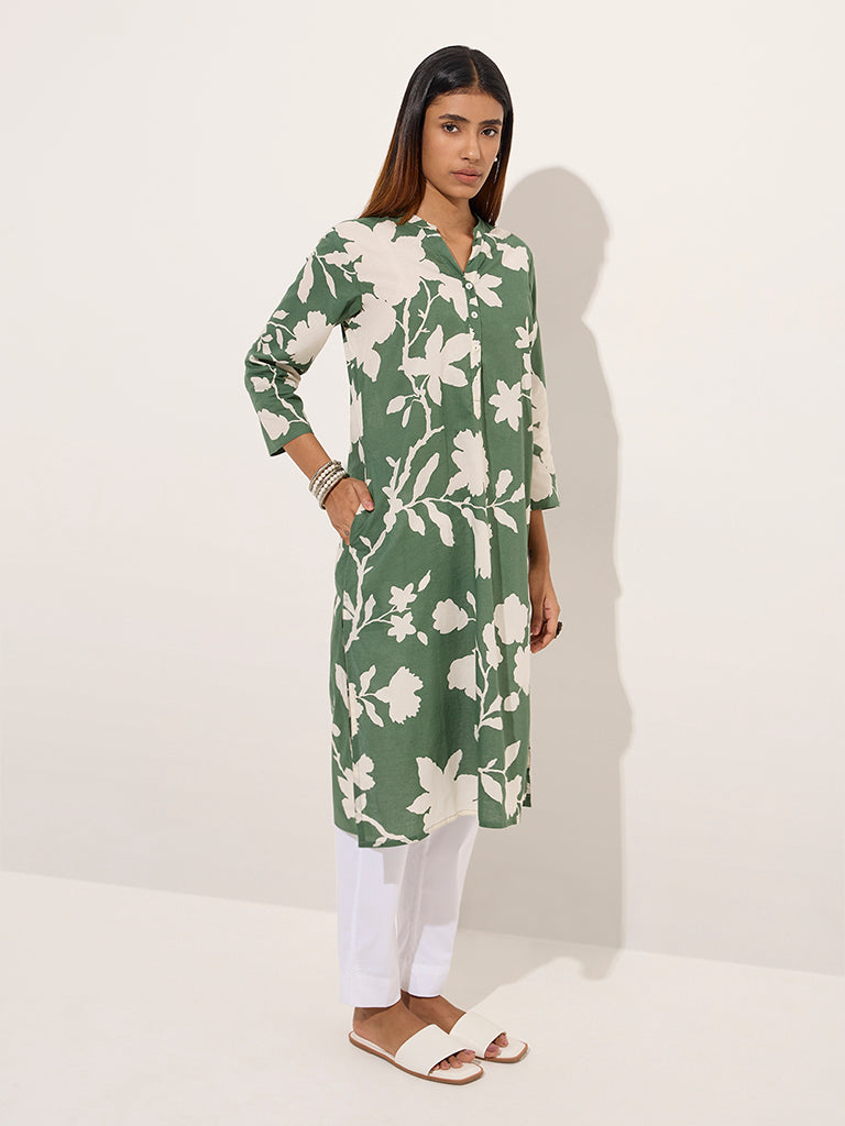 Utsa Green Floral Printed Straight Cotton Kurta