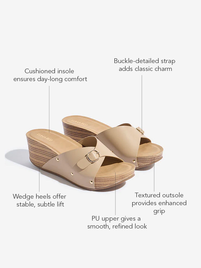 LUNA BLU Taupe Buckle-Detailed Wedge Heel Sandals