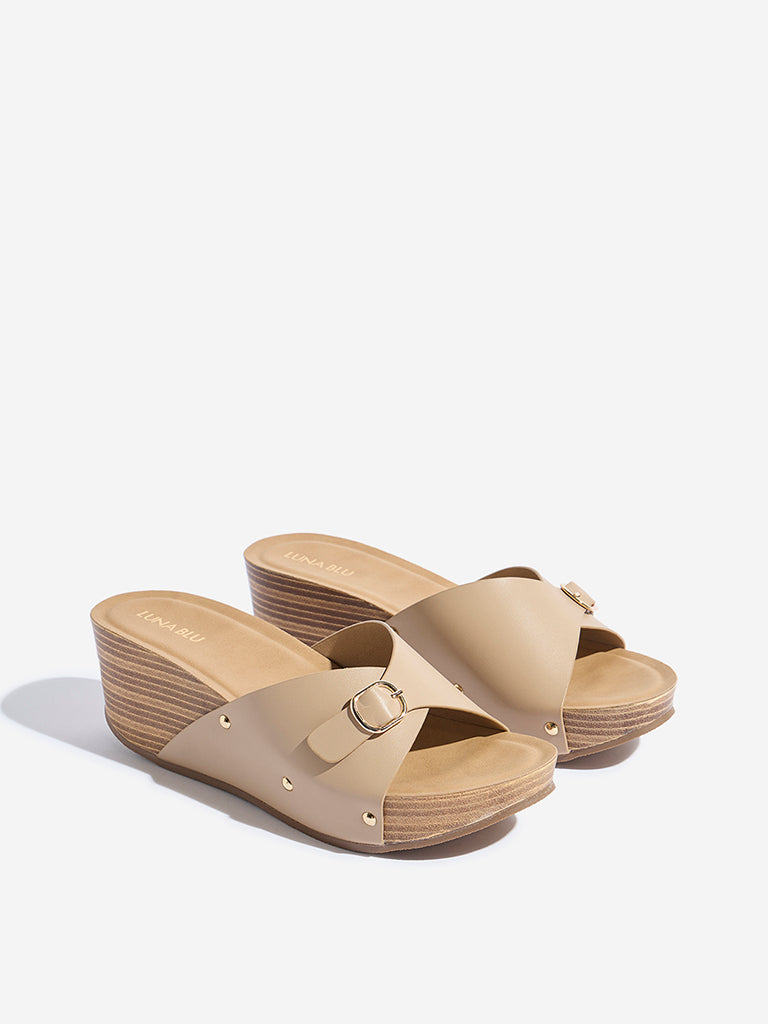 LUNA BLU Taupe Buckle-Detailed Wedge Heel Sandals