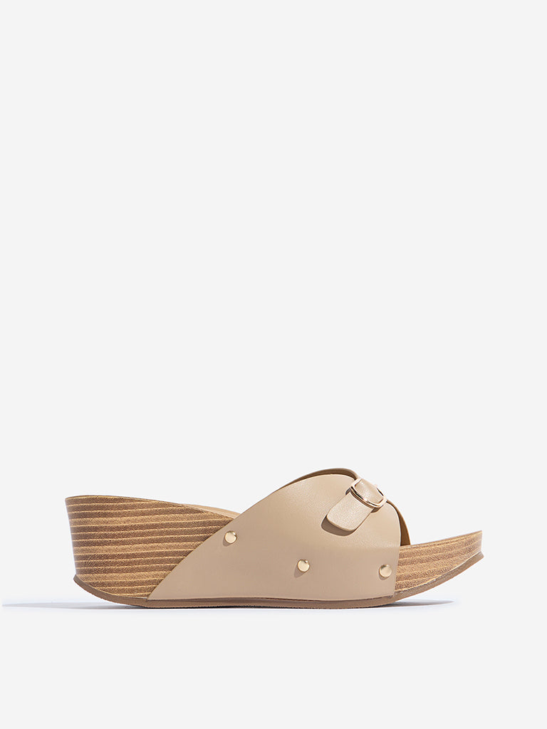 LUNA BLU Taupe Buckle-Detailed Wedge Heel Sandals