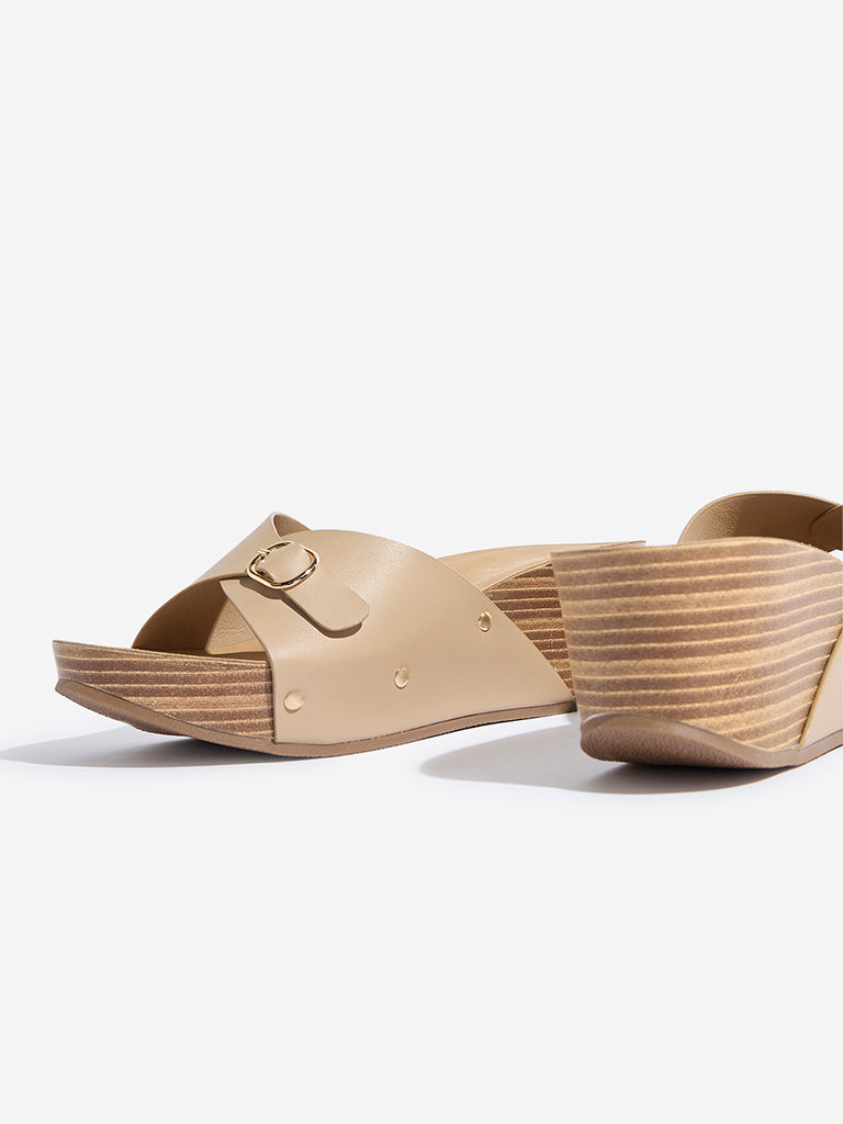 LUNA BLU Taupe Buckle-Detailed Wedge Heel Sandals