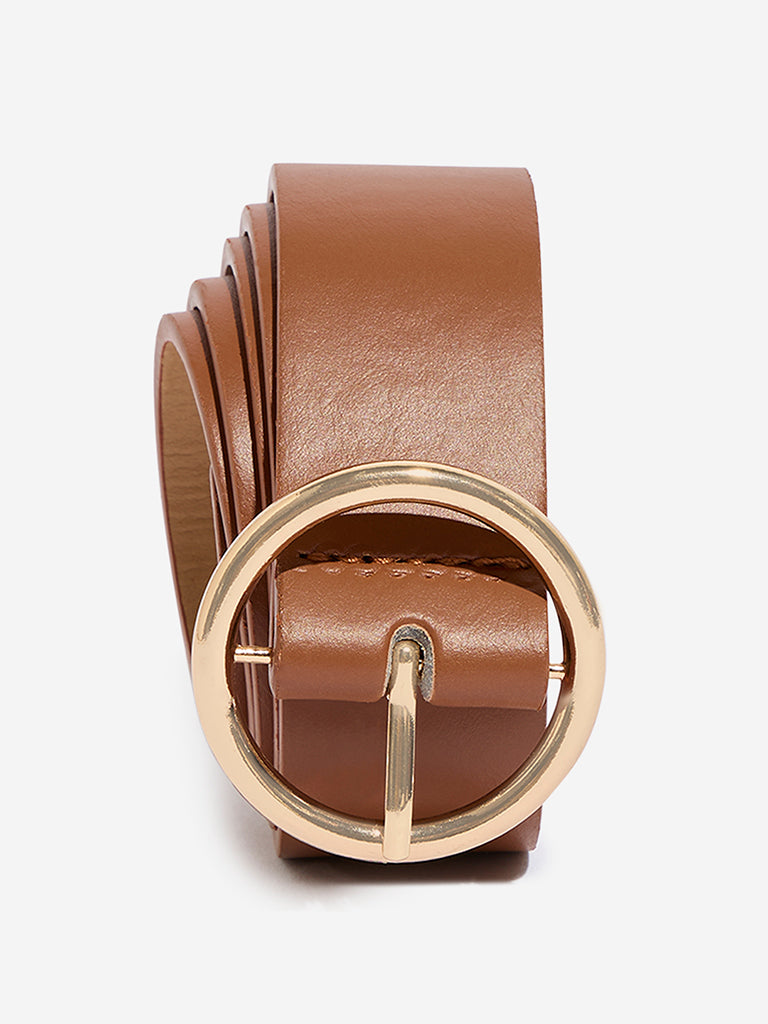Westside Accessories Brown Faux Leather Round Buckle Belt (Small)