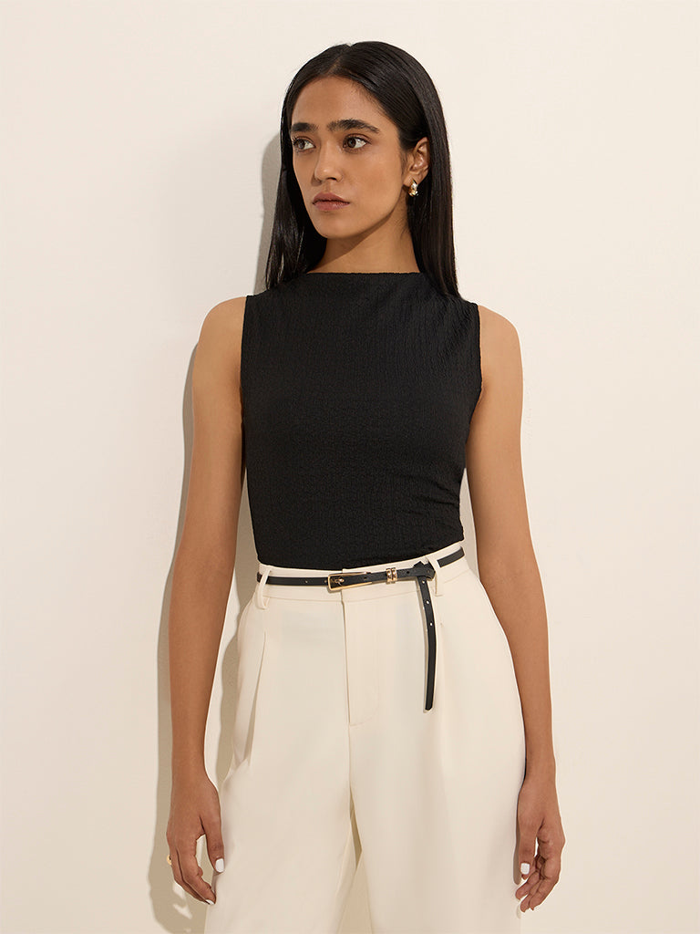 Westside Wardrobe Women's Black Textured Top for Work Wear Front View