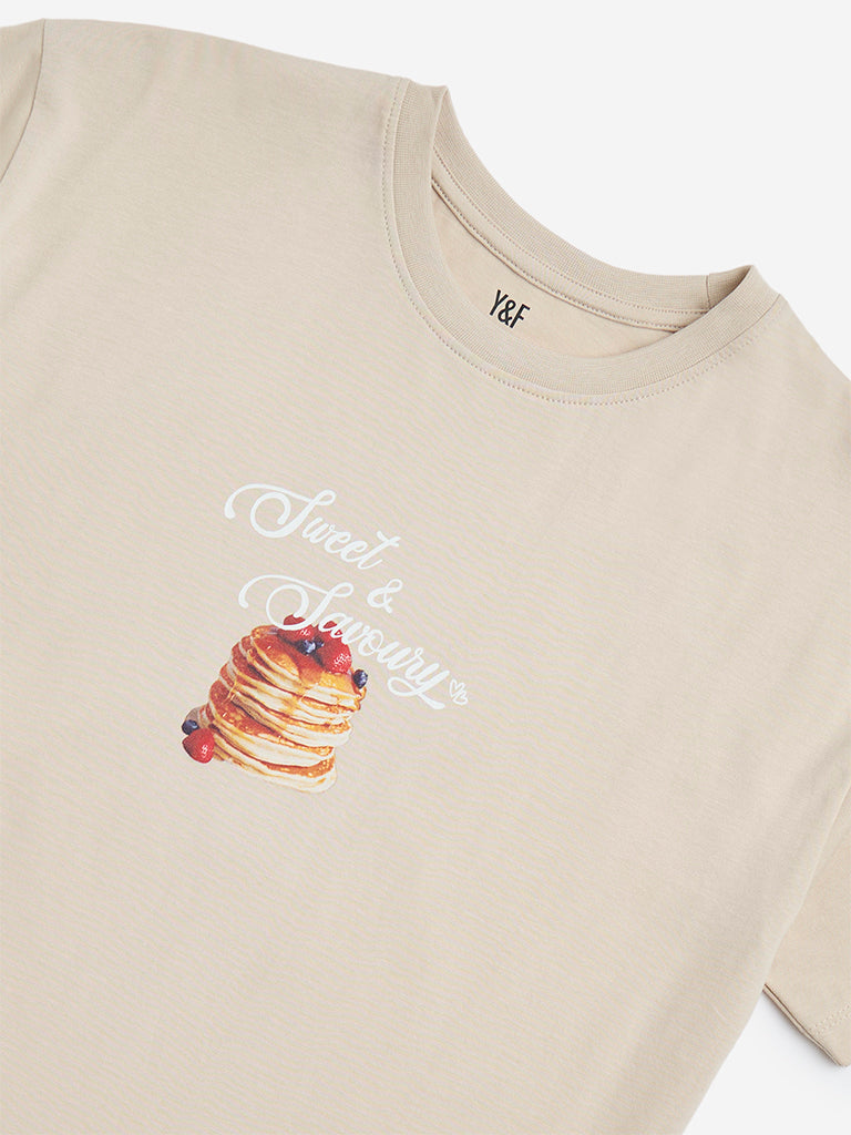 Y&F Kids Taupe Printed Cotton T-Shirt